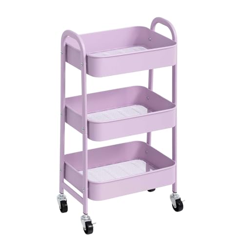 AGTEK 3 Tier Utility Rolling Cart with Lockable Wheels, Metal Multifunctional Storage, Organizer Cart for Kitchen, Office, Living Room, Makeup, Craft, Art Studio, Purple - color: Purple