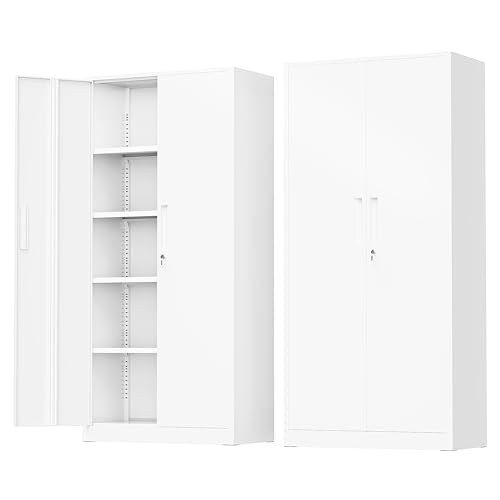 Greenvelly White Metal Storage Cabinet, 72" Locking Storage Cabinets with Doors and 4 Shelves, Tall Tool Storage Cabinet for Garage, Steel Lockable File Cabinet Metal Locker for Home Office, Classroom - color: White, size: 72 Inch