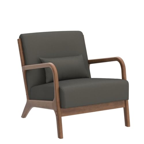 INZOY Mid Century Modern Accent Chair with Wood Frame, Upholstered Living Room Chairs with Waist Cushion, Reading Armchair for Bedroom Sunroom (Green) - color: A-blackish Green