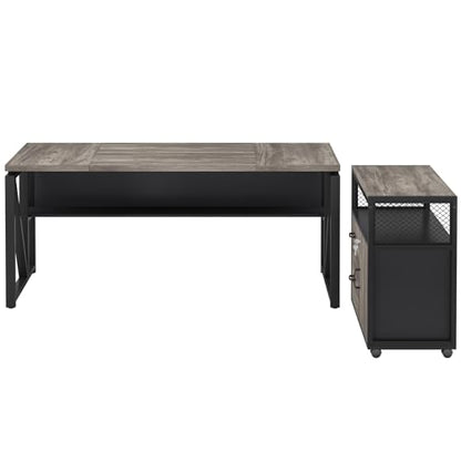 Tribesigns 63" Executive Desk with Reversible File Cabinet, Large L-Shaped Office Desk with Drawers, Business Furniture Workstation for Home Office (Dark Oak, 63-inch) - color: Light Grey