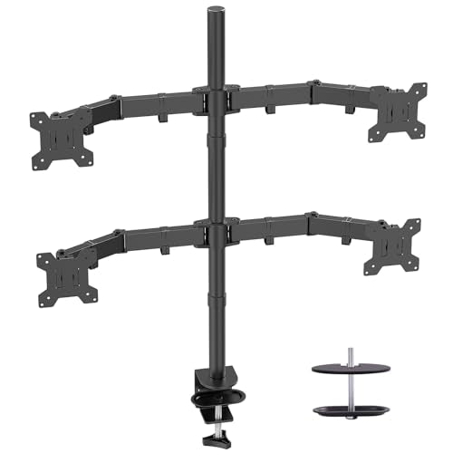 Black Quad Monitor Arm Mount for 13-27 Inch Screens | Ultrawide Screens Up to 34 inch Fully Adjustable Stand with C-Clamp/Grommet Base Max VESA 100x100 Each Screen Capacity 22lbs - size: 4 Arms for 13"-27"
