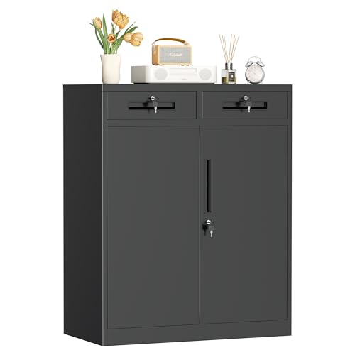 Metal Garage Storage Cabinets with Lock,Steel Storage Cabinet with Drawer and 2 Adjustable Shelves, Small Lockable Office Steel Cabinet for Home, Warehouse, School, Black - color: Black, size: 36.5" High