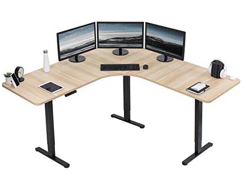 VIVO Electric Height Adjustable 71 x 71 inch Curved Corner Stand Up Desk, Light Wood Table Top, Black Frame, Memory Controller, L-Shaped Workstation, E3C Series, DESK-KIT-E3CBC - color: Light Wood Top / Black Frame, size: 71" x 71"