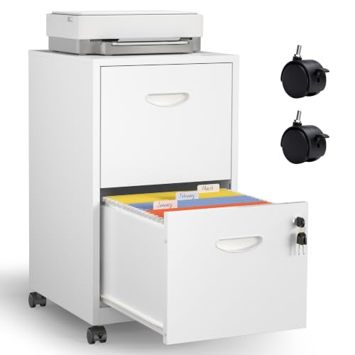Metal 2 Drawer File Cabinet with Lock & Wheels for Office, White - color: White, style: 2 Drawers Mobile File Cabinet