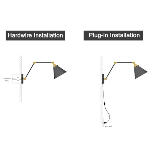 LALUZ Black Wall Sconces Lighting, 2 Pack Modern Industrial Swing Arm Plug in or Hardwired Adjustable Wall Lamp with Antique Brass Finish for Bedroom, Kitchen, and Living Room - size: 12" W Antique Brass