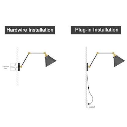 LALUZ Black Wall Sconces Lighting, 2 Pack Modern Industrial Swing Arm Plug in or Hardwired Adjustable Wall Lamp with Antique Brass Finish for Bedroom, Kitchen, and Living Room - size: 12" W Antique Brass