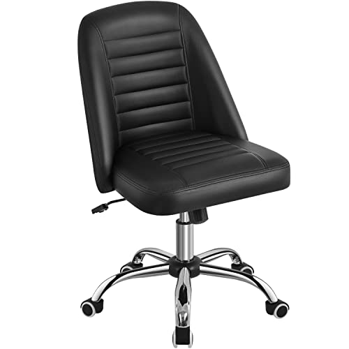 Yaheetech Black Faux Leather Armless Vanity Desk Chair, Adjustable Swivel | Compact faux leather seat fits small vanity, sewing or office desks; adjustable height, swivels on smooth wheels, fast setup. - color: Black