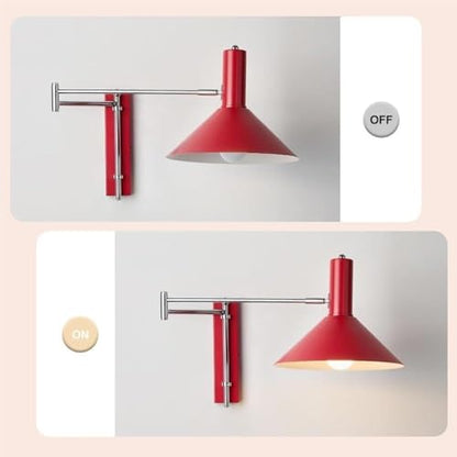 Modern Industrial Red Conical Shade Wall Sconce Minimalist Adjustable Swing Arm Wall Lamp Interior Accent Wall Mount Light Fixture for Bedroom Study Living Room