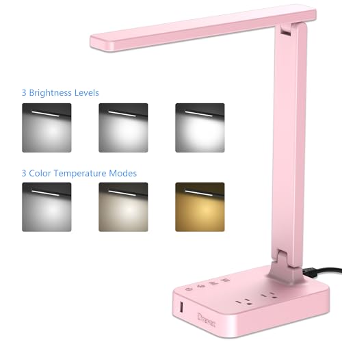 Drevet LED Desk Lamp, Desk Light with 1 USB Charging Port and 2 AC Power Outlet, 3 Lighting Modes, 3 Level Brightness,1H Timer, Touch Control, Eye-Caring Home Office Foldable Table Lamp (Pink) - color: Pink Classic 1USB/2AC