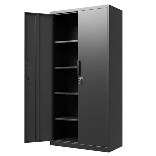Metal Garage Storage Cabinet with Lock, 71" Tall Steel Storage Locker with 4 Adjustable Shelves, Heavy Duty Metal Cabinet for Garage, Office, Home, 31.5”W × 16.5”D, Black - color: Black, size: 70.86"H * 31.49"W * 16.53"D