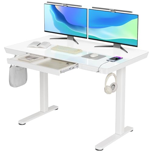 INNOVAR Glass Standing Desk with Drawers & USB Ports,48 inch Whole-Piece Glass Top Adjustable Height Desks, Quick-Install Electric Sit-Stand Up Desk for Home Office & Computer Workstation, White - color: Super White, size: 48 inch with USB