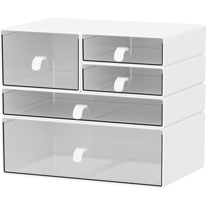 White & Clear 5-Drawer Stackable Desk Organizer Storage Set | Separate drawers, Dustproof, Easy to clean, for Office supplies, Pens, Markers, Stationery, Jewelry, Makeup, DIY Craft - size: 5 drawer white & clear