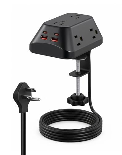 Desk Clamp Power Strip, 6 AC, 2 USB-C & 2 USB-A, 1440J, 6FT Cord - size: 6FT-Black