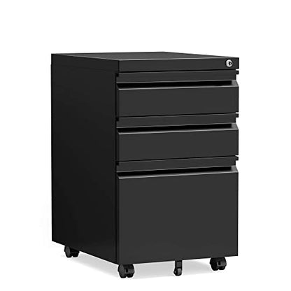STANI 25" H 3 Drawer Mobile File Cabinet with Lock, Under Desk Metal Filing Cabinet, Locking Office Mobile Cabinet with Wheels, Letters/Legal/A4(Assembly Required Black) - color: Black, size: 3 Drawers-Assembly Required