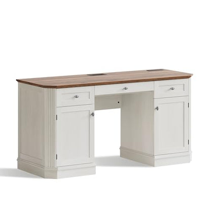 59" Classic Executive Desk with Storage, Victorian Executive Desk with Charging Station, Keyboard Tray, 3 Drawers & Cabinet Storage & Pedestal, Easy Assembly, White - color: White
