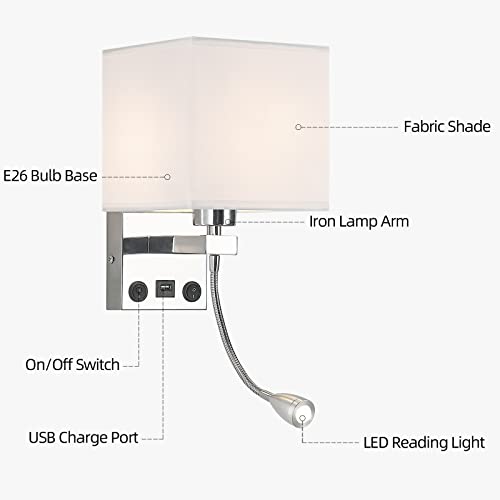 Sconces Wall Lighting Hardwired Modern Wall Lights for Bedroom with USB Port and Reading Lamp, Bedside Wall Lamps for Hotel, Living Room, Office (Silver) - color: Chrome+Reading Light