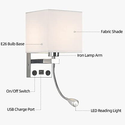 Sconces Wall Lighting Hardwired Modern Wall Lights for Bedroom with USB Port and Reading Lamp, Bedside Wall Lamps for Hotel, Living Room, Office (Silver) - color: Chrome+Reading Light