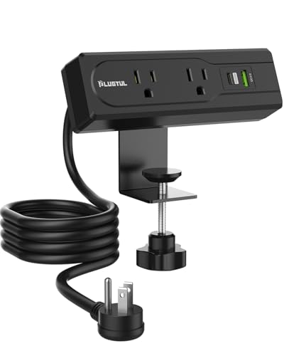 PLUGTUL Desk Clamp Power Strip 6FT, Outlet Station with 2 Outlets, PD 20W Fast Charging, Flat Plug, 16 Gauge, Black with USB C, Fits 1.72" Tabletop Edge