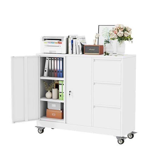 winiowa Mobile 3-Drawer File Cabinet with Wheel, Metal Lateral Rolling Printer Stand Filing Cabinets with Lock, Office Storage Cabinet for Office, Home, Garage, School, Gym-White - color: White