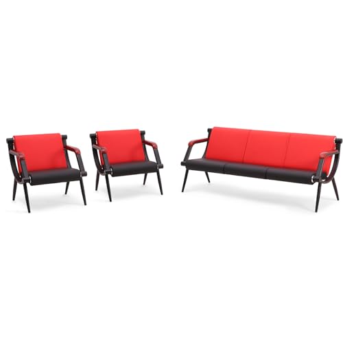 wonline Waiting Room Chairs Bench, Office Furniture Reception Chairs with Arms, Leather Chairs is Suitable for Clinic,Airport,Hospital,Barber,Salon,Bank-(2 * 1 seat&1 * 3 seat,3pcs) - color: Red&black, size: 2pcs*1-seat & 3-seat