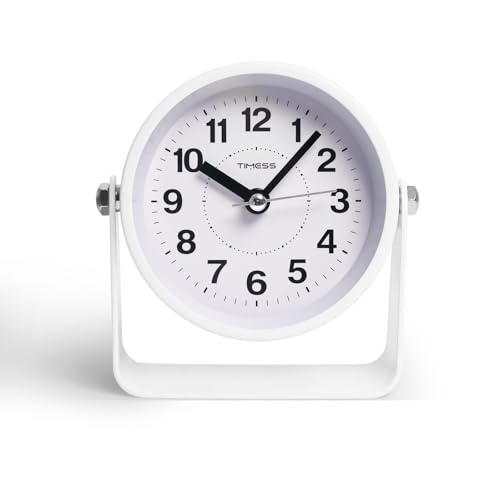 TIMESS Analog Alarm Clock with Snooze & Light, Silent Non-Ticking, White | On-demand light, quartz movement, battery operated, easy to set, gentle wake alarm, bedside clock for home, travel, or office - color: White