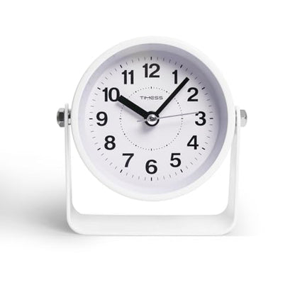 TIMESS Analog Alarm Clock with Snooze & Light, Silent Non-Ticking, White | On-demand light, quartz movement, battery operated, easy to set, gentle wake alarm, bedside clock for home, travel, or office - color: White