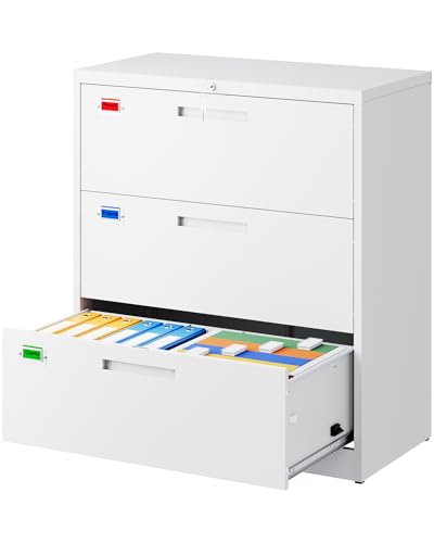 PEUKC 3 Drawer File Cabinet, Lateral Filing Cabinets for Home Office, Office Storage Drawers with Lock, Hanging Files Legal/Letter A4 Size (Assemble Required,White) - color: White, size: 40"H