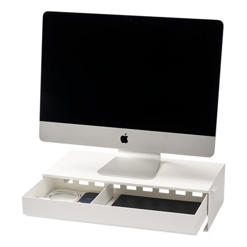 YAMAZAKI Home Monitor Stand with Drawer and Cable Management Riser, White | Sturdy steel desk monitor riser with storage. Functions as a office and tech organizer. Cable management in rear. - color: White