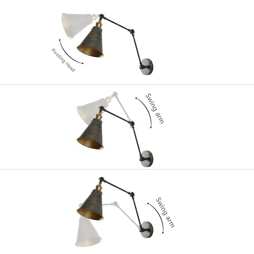 JONATHAN Y Rover 1-Light Wall Sconce 7", Rustic Dark Gray | Adjustable Arm, Hardwired Bedside Reading Swing Arm, Farmhouse Cone Shade, Metal Hardwired Indoor Fixture, LED Bulbs Included - color: Rustic Dark Gray/Brass Gold, size: Set of 1