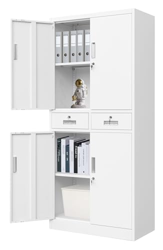 CMY Metal Storage Cabinet, 71" H x 32" W x 16" D Locking Cabinet with Adjustable Shelves and 2 Drawers, Steel Storage Cabinet for Office, Garage, Home, School, Utility Room-White - color: White-2 Drawers, size: 71"H