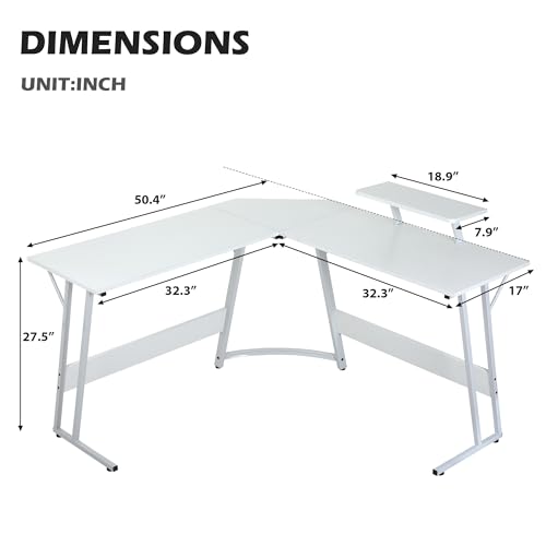 Gaming Desk L Shaped Desk, 50.4” Large Desk Computer Desk with Shelves & Carbon Fiber Desktop, Wood Desk Table Computer Table Writing Desk Work Desk pc desk for Bedroom Office Dorm Small Space, White - color: White