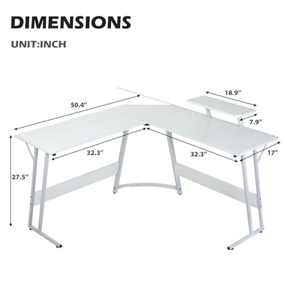 Gaming Desk L Shaped Desk, 50.4” Large Desk Computer Desk with Shelves & Carbon Fiber Desktop, Wood Desk Table Computer Table Writing Desk Work Desk pc desk for Bedroom Office Dorm Small Space, White - color: White