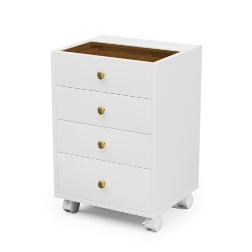 Under Desk Storage, 4 Drawer Small File Cabinet, Chest of Drawer with Glass Top, Mobile Printer Stand with Lockable Wheels for Home Office Study, White
