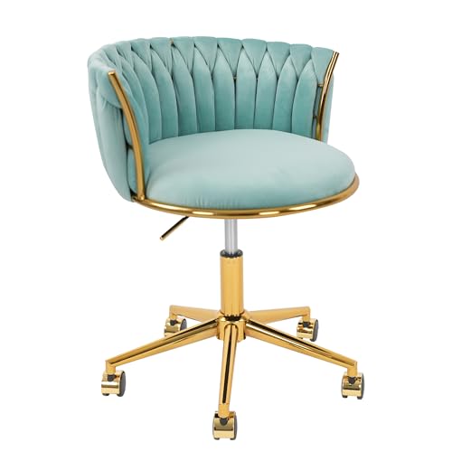 HENGJIANYI Velvet Woven Home Swivel Vanity Desk Chair with Gold Base, Cyan | Modern Height Adjustable Office Chair with Metal Base and Hand Weaving Back Wheels for Bedroom Study Small Space girl women - color: Cyan