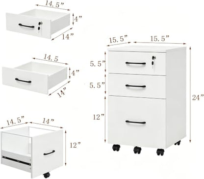 Lockable 3-Drawer Mobile Filing Cabinet with Wheels, Heavy-Duty Vertical Under Desk Storage & Printer Stand, Compatible with A4, Letter, Legal Size Hanging Files Home Office Use (White) - color: White