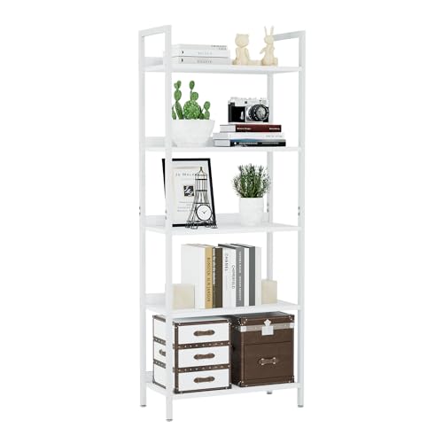 NUMENN Bookshelf, 5 Tier Freestanding Shelving Unit, White | Metal Frame & Wood Shelves, Falling Prevention Baffle, Open Storage Bookcase for Bedroom, Living Room & Home Office - color: White, size: 5 Tier(Wide)