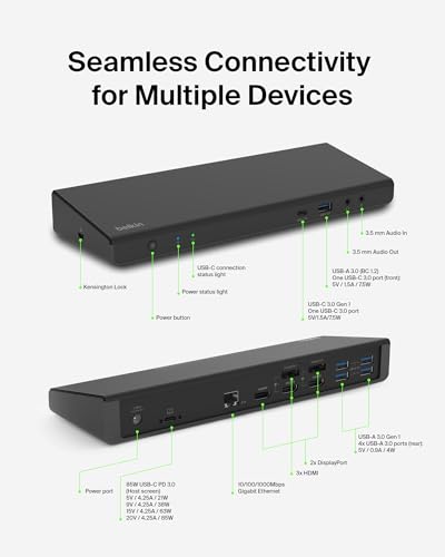 Belkin Docking Station 15 in 1 Triple DisplayLink 85W PD 4K HDMI USB-C Dock | DisplayLink triple 4K display, 3 HDMI, 2 DisplayPort, 5 USB-A ports, 3.5mm mic/speaker, Windows, laptop expansion hub - style: 15-in-1, Triple Display, 85W
