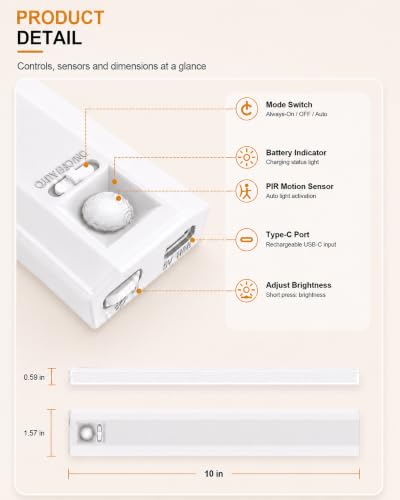 4-Pack 10 Inch Wireless Under Cabinet Lighting, 6500K Motion Sensor Light - color: White | Daylight
