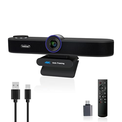 TONGVEO 3-in-1 4K Webcam with Microphones and Speaker, AI Auto-Tracking 5X Digital Zoom Webcam 4K Adjustable Field of View Remote Control Works with Microsoft Teams, Zoom, Google Meet, PC Mac Laptop