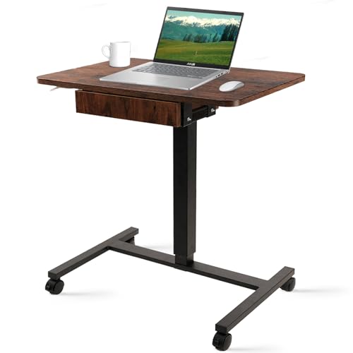 CLATINA Mobile Laptop Standing Desk, Height Adjustable Teacher Podium with Lockable Wheels, Adjustable Work Table with Drawer, Computer Cart Overbed Table for Home Office Classroom, Brown - color: Brown, size: With Drawers