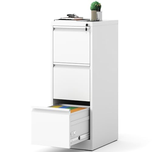 3 Drawer File Cabinet with Lock, 18" D Metal Vertical Filing Cabinets, Steel File Storage Cabinets for Home Office, Hanging A4 Legal/Letter Size Narrow File Cabinet, Assembly Required - color: White, size: 3 Drawers