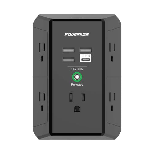 Multi Outlet Extender Surge Protector - POWERIVER Multi Plug Wall Outlet with 5 AC Outlets and 4 USB Ports(1USB C), 1680 Joules, Outlet Splitter for Home School Office, ETL, Black - color: Black, size: 3U1C/Standard