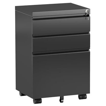 Bonusall 【Fully Assembled 3 Drawer File Cabinet with Lock, Small Under Desk Filing Cabinet for Home Office, Fully Assembled Metal Rolling Storage Fits A4/Letter/Legal, Black