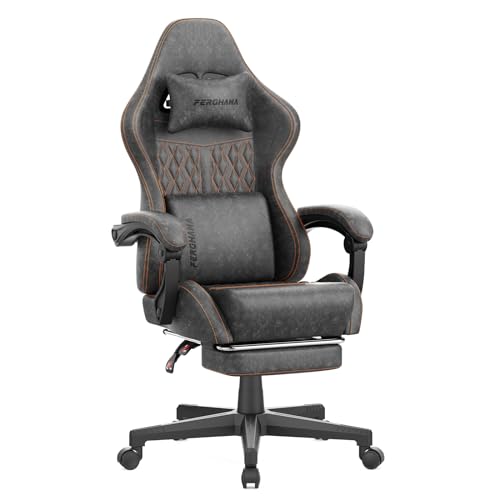 Vintage PU Leather Gaming Chair, High Back Gamer Chair with Massage, Ergonomic Computer Office Chair with Footrest for Adults, Racing Style Reclining Video Game Chair Dark Gray - color: Dark Gray