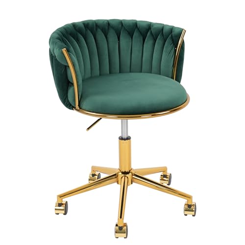 HENGJIANYI Velvet Woven Home Swivel Vanity Desk Chair with Gold Base, Green | Modern Height Adjustable Office Chair with Metal Base and Hand Weaving Back Wheels for Bedroom Study Small Space girl women - color: Green
