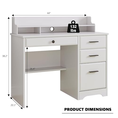 White Desk with Drawers, Small Desk with File Drawer and Monitor Stand - color: White
