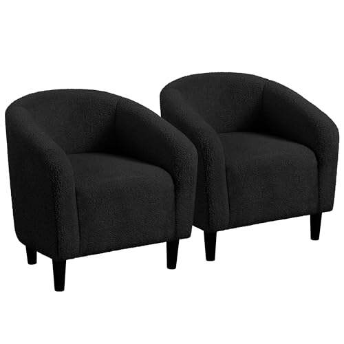 Yaheetech Compact Sherpa Accent Chairs Set of 2 for Small Spaces, Black | Compact Cozy Barrel Chairs with a Curved Silhouette, Upholstered Furry Armchair for Small Spaces, Living Room Bedroom Corner - color: Black (Boucle), style: without Ottoman