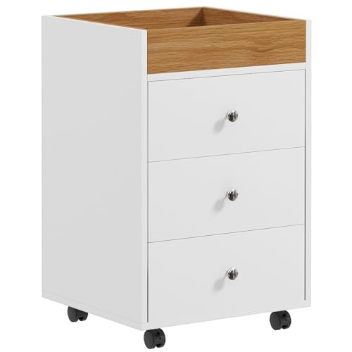 HOMCOM 3 Drawer Home Office Storage Cabinet, Office Drawer on Wheels, White | Removable Tray, Under Desk Printer Stand with Storage