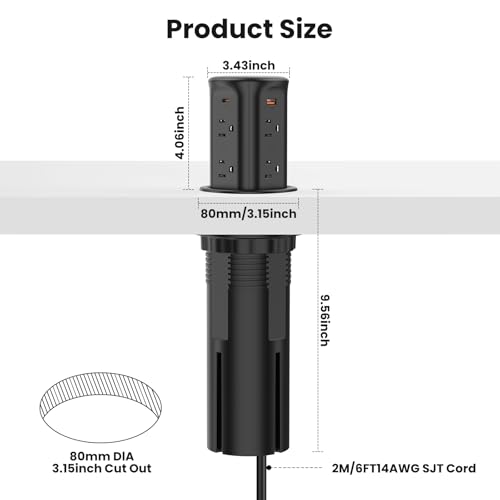 VILONG Pop Up Countertop Outlet with 15W Wireless Charger,4 USB/8 AC - color: Black, size: 20W