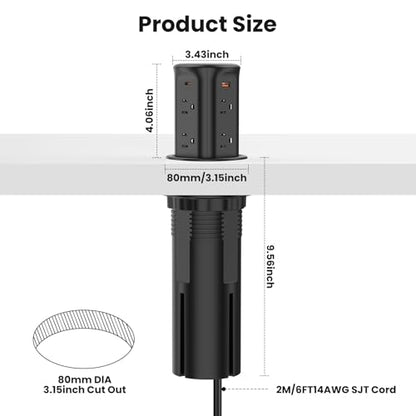 VILONG Pop Up Countertop Outlet with 15W Wireless Charger,4 USB/8 AC - color: Black, size: 20W